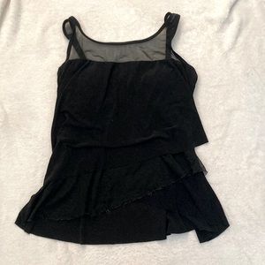 Black tankini with mesh neckline.